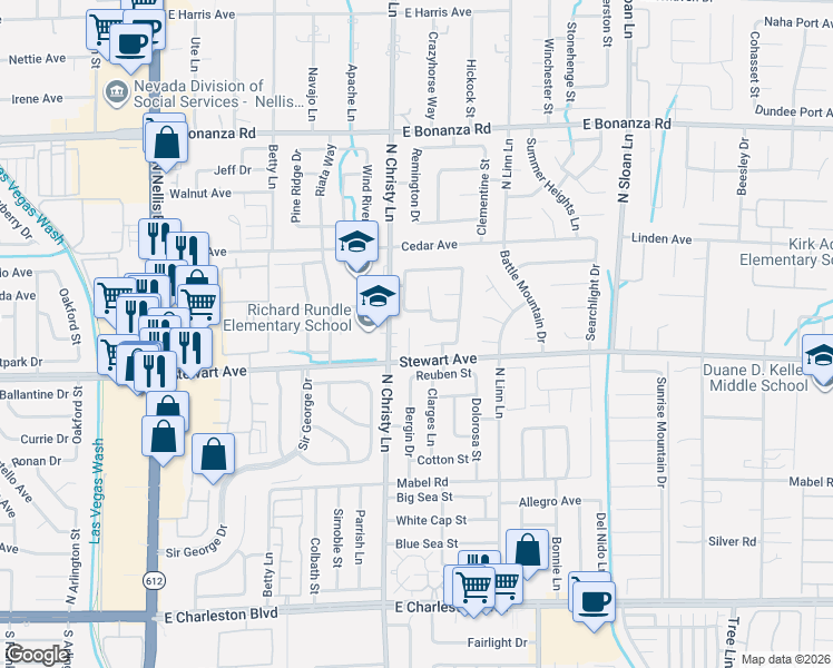 map of restaurants, bars, coffee shops, grocery stores, and more near 5565 East Cy Young Drive in Las Vegas