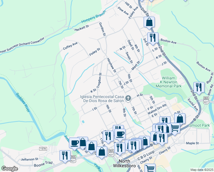 map of restaurants, bars, coffee shops, grocery stores, and more near 1006 Franklin Street in North Wilkesboro