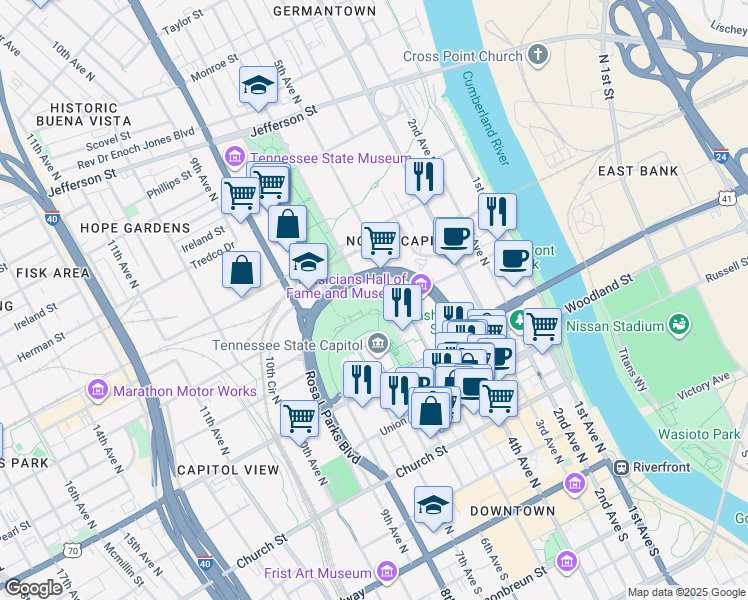 map of restaurants, bars, coffee shops, grocery stores, and more near 510 Gay Street in Nashville