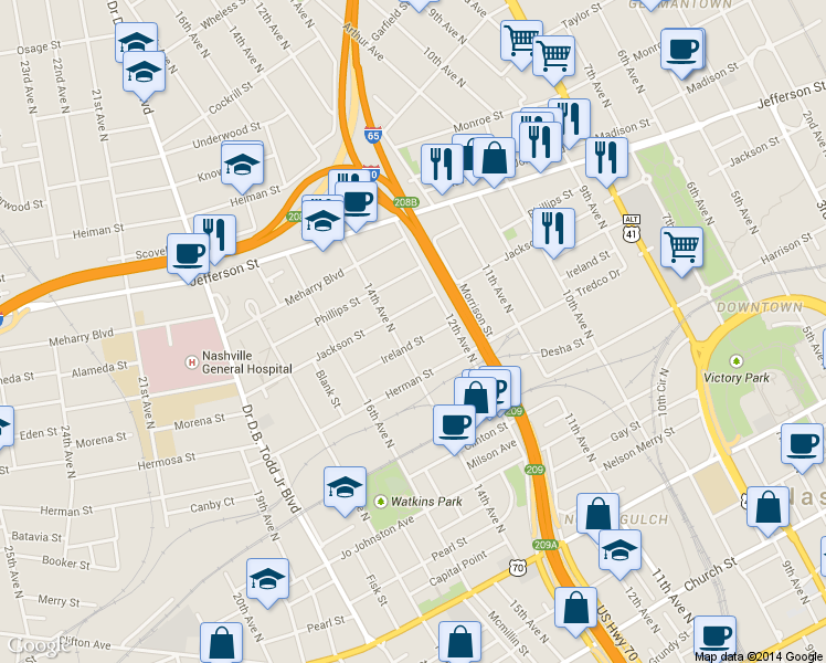 map of restaurants, bars, coffee shops, grocery stores, and more near 920 14th Avenue in Nashville