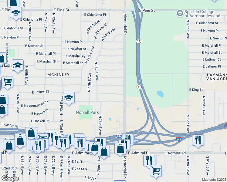 map of restaurants, bars, coffee shops, grocery stores, and more near 7839 East Jasper Street in Tulsa