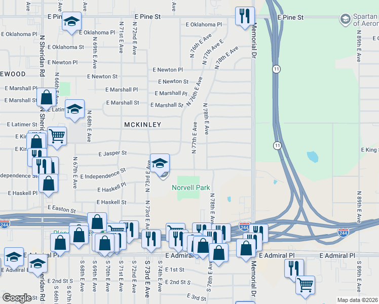 map of restaurants, bars, coffee shops, grocery stores, and more near 836 North 77th East Avenue in Tulsa