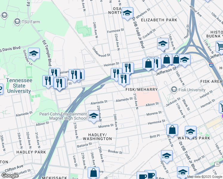map of restaurants, bars, coffee shops, grocery stores, and more near 2402 Meharry Blvd in Nashville