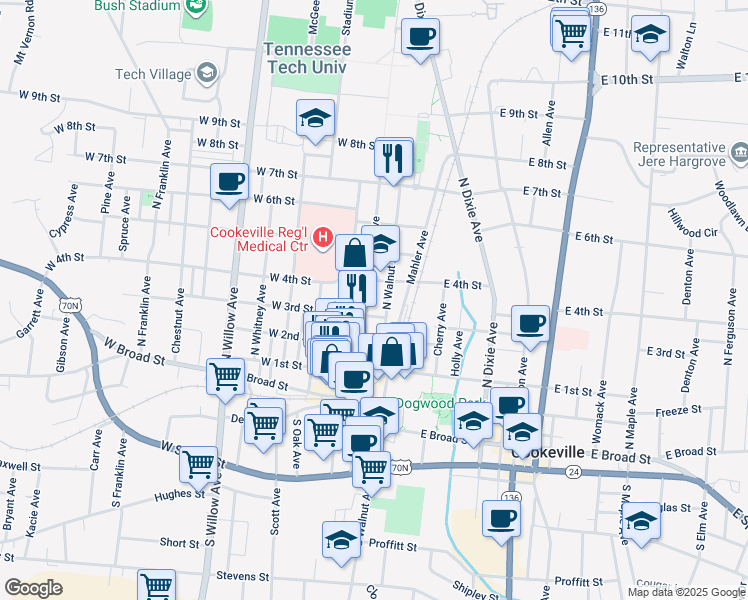 map of restaurants, bars, coffee shops, grocery stores, and more near 340 North Walnut Avenue in Cookeville