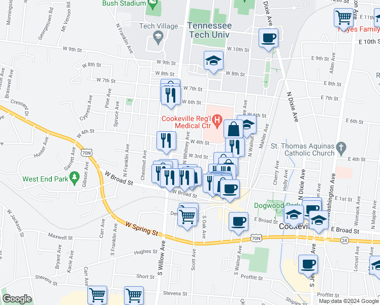map of restaurants, bars, coffee shops, grocery stores, and more near 229 West 3rd Street in Cookeville