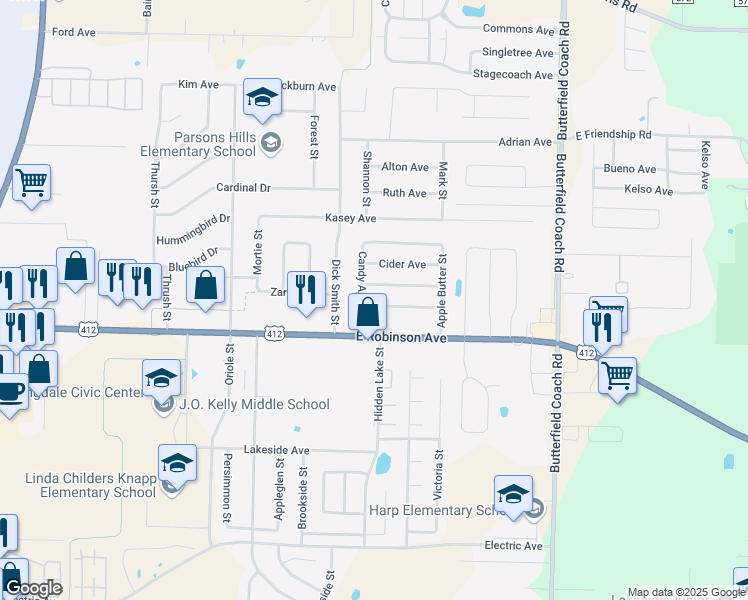 map of restaurants, bars, coffee shops, grocery stores, and more near 2594 Crabapple Avenue in Springdale