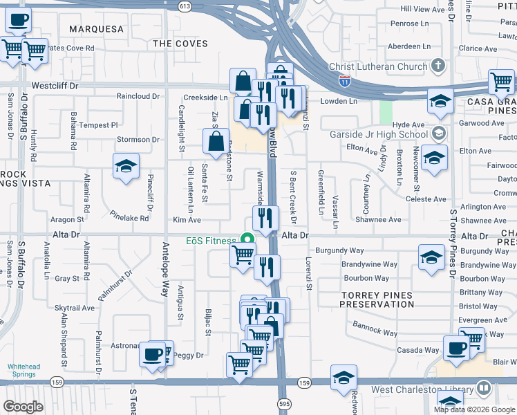 map of restaurants, bars, coffee shops, grocery stores, and more near 6801 Midpark Circle in Las Vegas