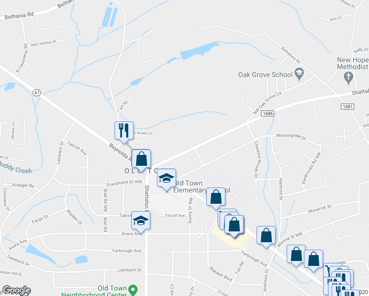 map of restaurants, bars, coffee shops, grocery stores, and more near 4851 Shattalon Drive in Winston-Salem