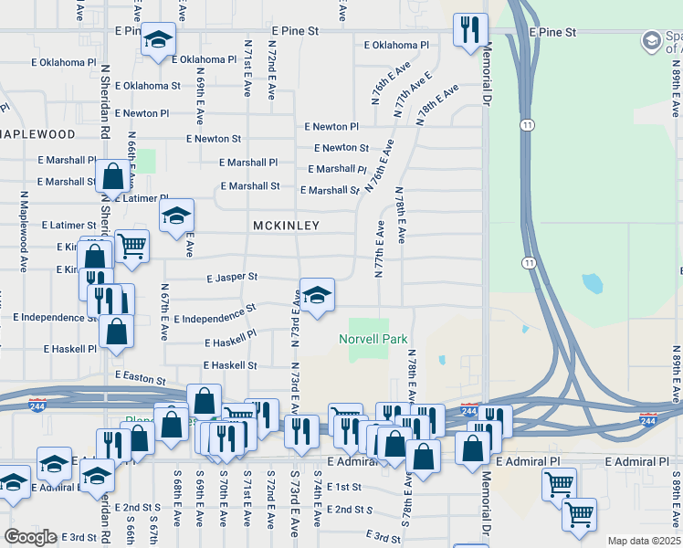 map of restaurants, bars, coffee shops, grocery stores, and more near 7345 East Jasper Street in Tulsa