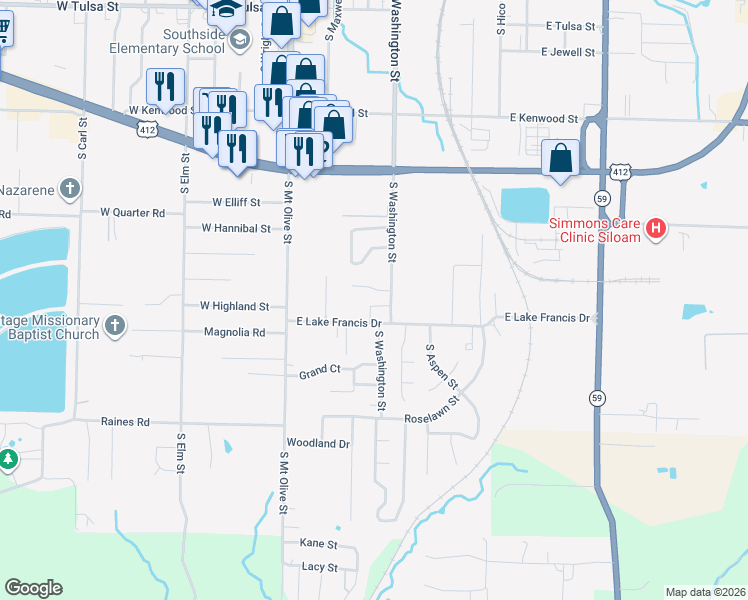 map of restaurants, bars, coffee shops, grocery stores, and more near 2070 South Washington Street in Siloam Springs
