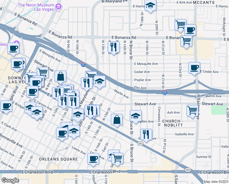 map of restaurants, bars, coffee shops, grocery stores, and more near 330 North 14th Street in Las Vegas