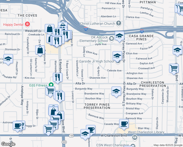 map of restaurants, bars, coffee shops, grocery stores, and more near 412 Courtney Lane in Las Vegas