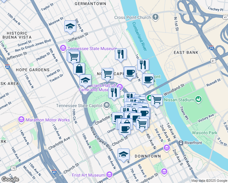 map of restaurants, bars, coffee shops, grocery stores, and more near Gay Street in Nashville