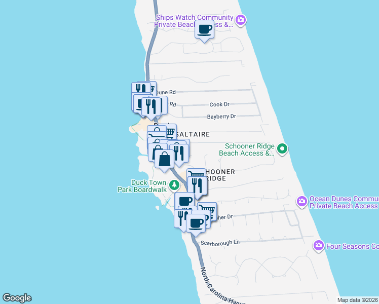 map of restaurants, bars, coffee shops, grocery stores, and more near 112 Duck Ridge Village Court in Duck
