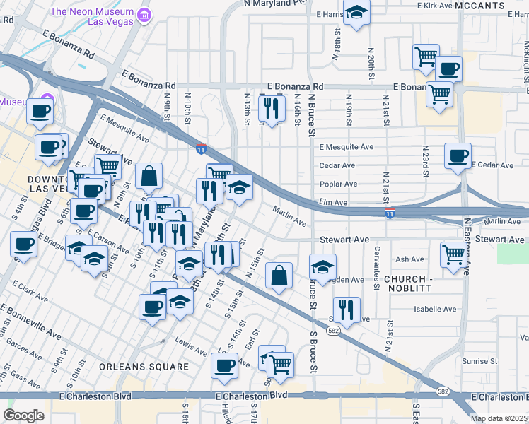 map of restaurants, bars, coffee shops, grocery stores, and more near 330 North 14th Street in Las Vegas