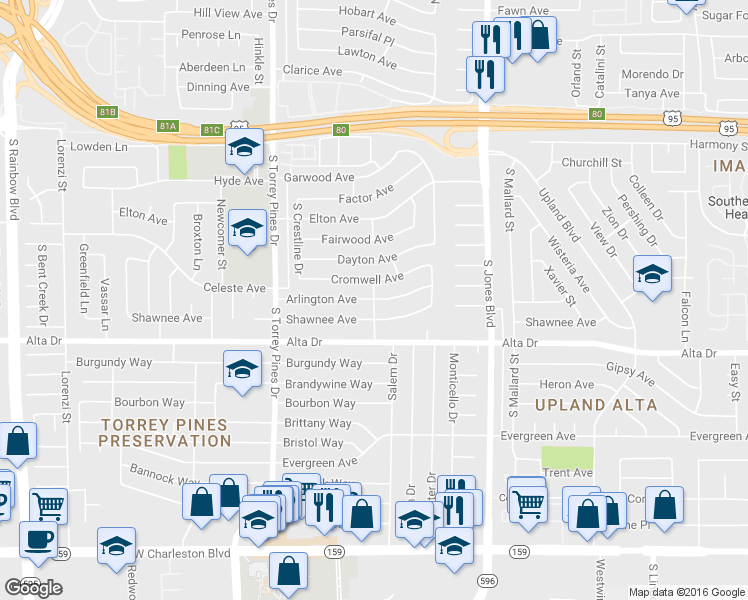 map of restaurants, bars, coffee shops, grocery stores, and more near Arlington Avenue in Las Vegas