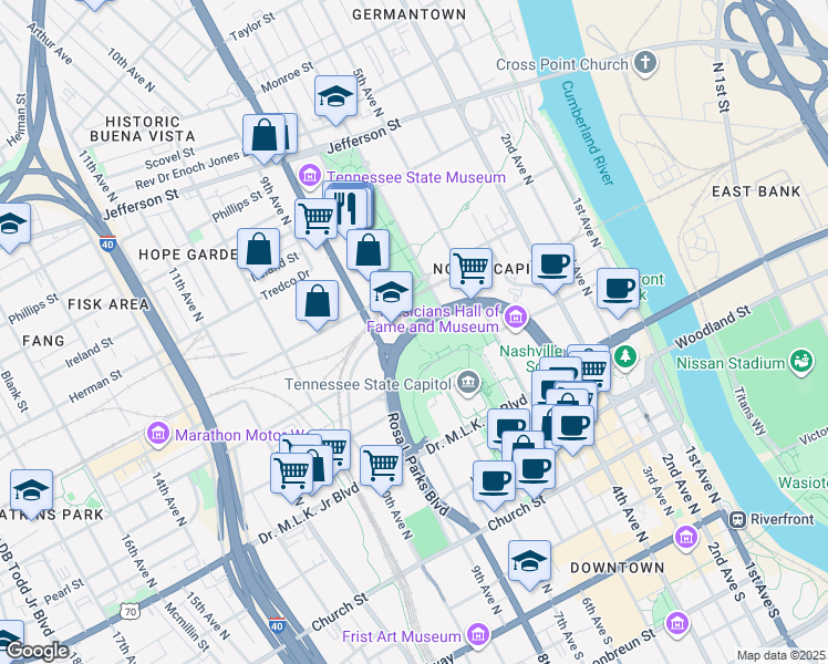 map of restaurants, bars, coffee shops, grocery stores, and more near 701 James Robertson Parkway in Nashville