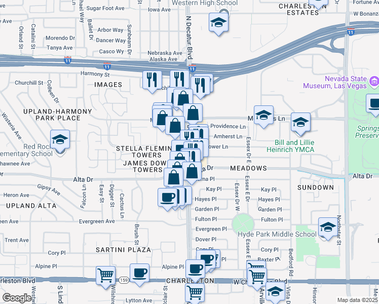 map of restaurants, bars, coffee shops, grocery stores, and more near 423 South Decatur Boulevard in Las Vegas