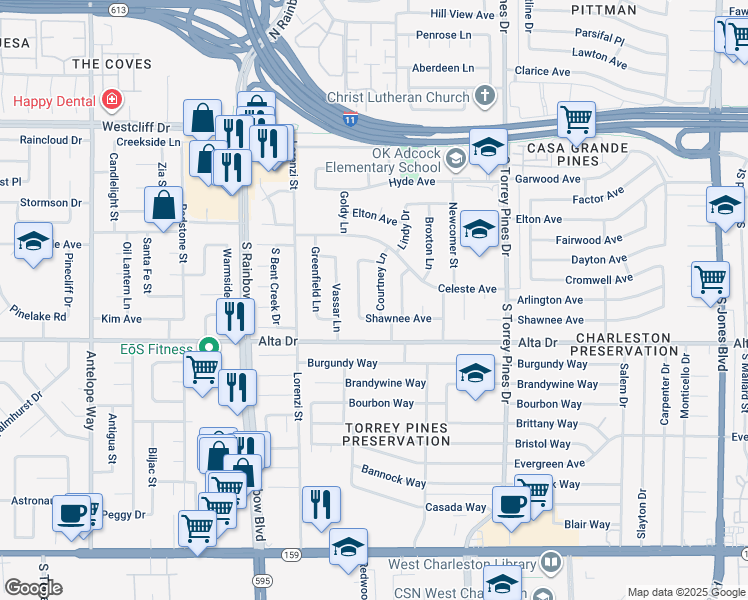 map of restaurants, bars, coffee shops, grocery stores, and more near 412 Courtney Lane in Las Vegas