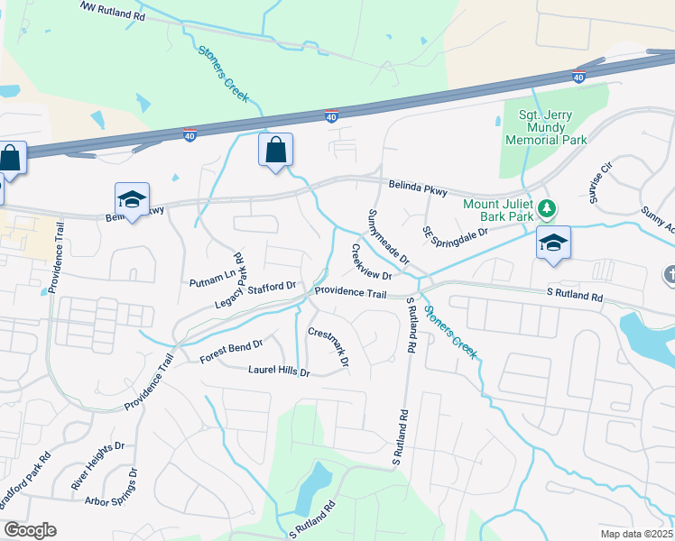 map of restaurants, bars, coffee shops, grocery stores, and more near 105 Cedarwood Court in Mt. Juliet