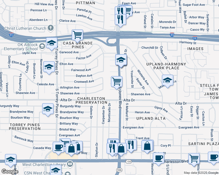 map of restaurants, bars, coffee shops, grocery stores, and more near 6124 Jones Circle in Las Vegas