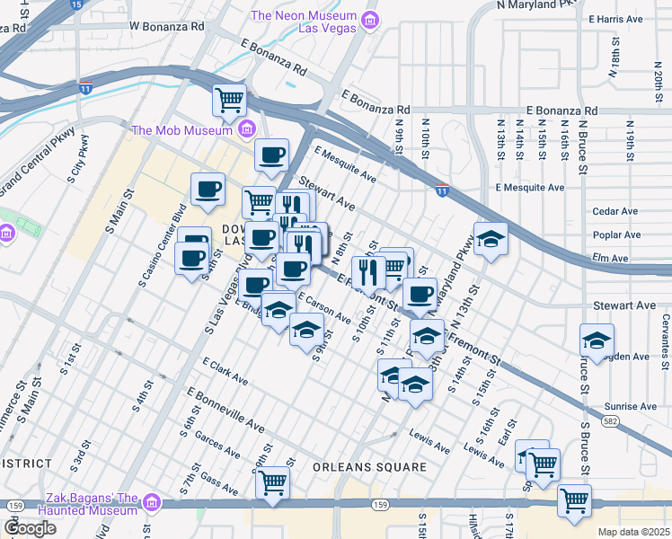 map of restaurants, bars, coffee shops, grocery stores, and more near 800 East Fremont Street in Las Vegas