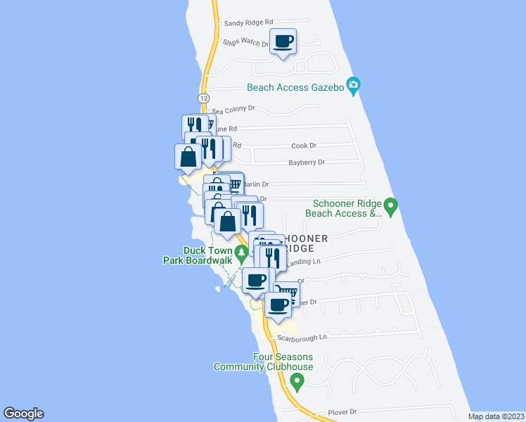 map of restaurants, bars, coffee shops, grocery stores, and more near 112 Duck Ridge Village Court in Duck