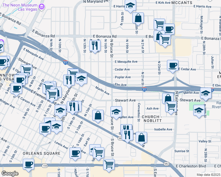 map of restaurants, bars, coffee shops, grocery stores, and more near 329 North Bruce Street in Las Vegas