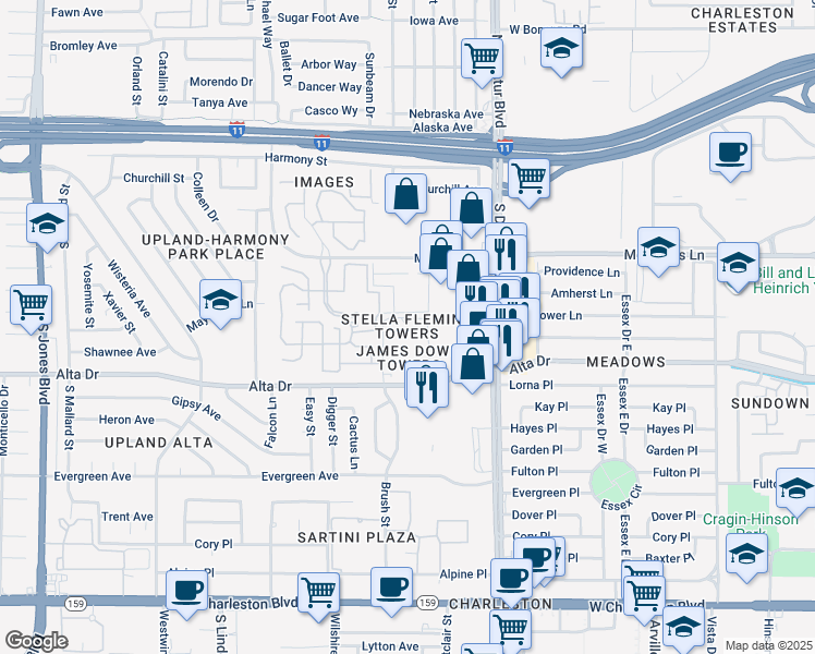 map of restaurants, bars, coffee shops, grocery stores, and more near 400 Brush Street in Las Vegas