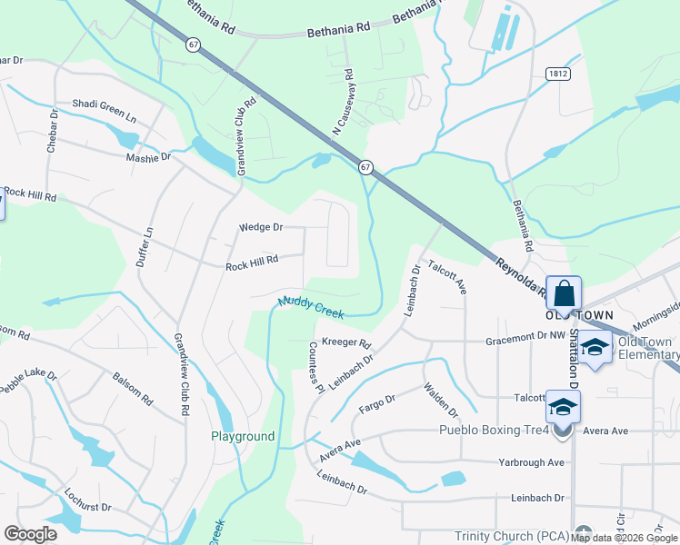map of restaurants, bars, coffee shops, grocery stores, and more near 4600 Olivine Lane in Pfafftown