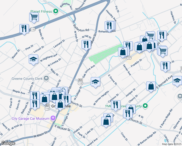 map of restaurants, bars, coffee shops, grocery stores, and more near 232 Circle Drive in Greeneville