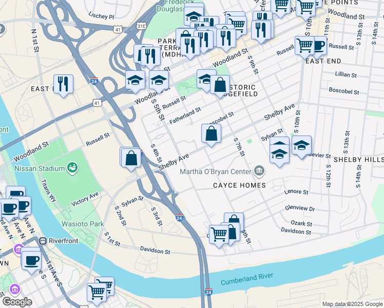 map of restaurants, bars, coffee shops, grocery stores, and more near 515 Shelby Avenue in Nashville