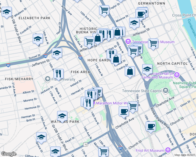 map of restaurants, bars, coffee shops, grocery stores, and more near 910 Morrison Street in Nashville
