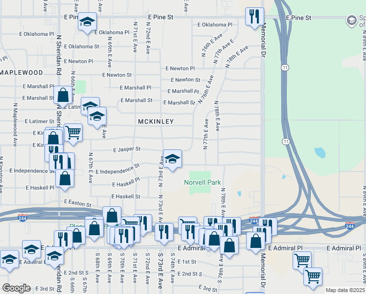 map of restaurants, bars, coffee shops, grocery stores, and more near 7345 East Jasper Street in Tulsa