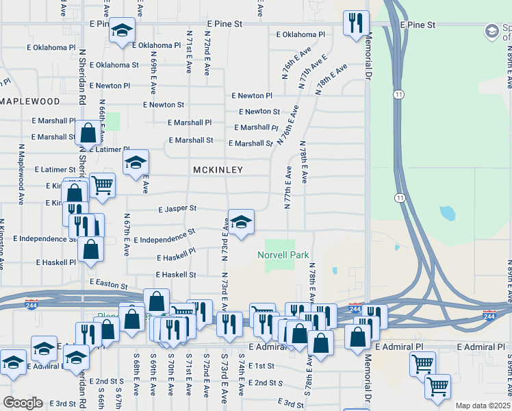 map of restaurants, bars, coffee shops, grocery stores, and more near 7345 East Jasper Street in Tulsa