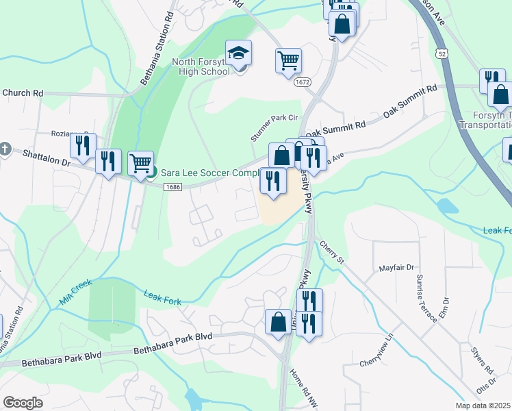 map of restaurants, bars, coffee shops, grocery stores, and more near 5001 Eltha Drive in Winston-Salem
