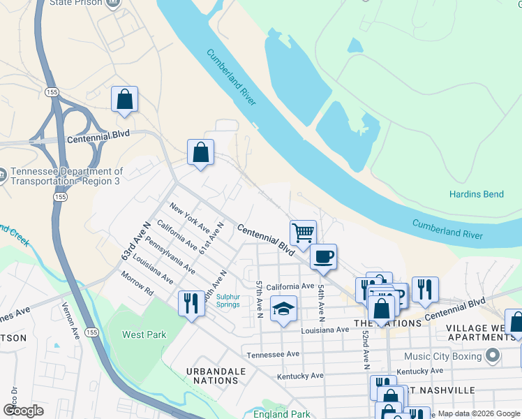 map of restaurants, bars, coffee shops, grocery stores, and more near 6100 Centennial Boulevard in Nashville
