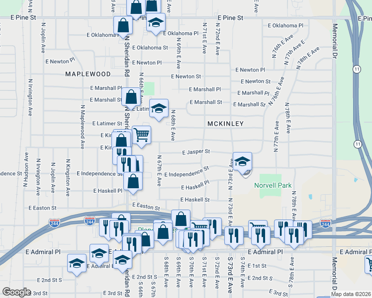 map of restaurants, bars, coffee shops, grocery stores, and more near 6753 E Jasper St in Tulsa