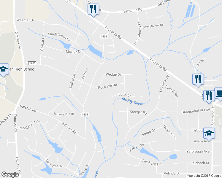 map of restaurants, bars, coffee shops, grocery stores, and more near 4136 Rock Hill Rd in Pfafftown