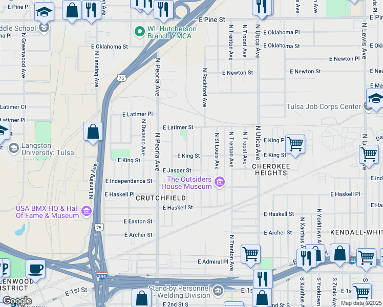map of restaurants, bars, coffee shops, grocery stores, and more near 1003 North Quincy Avenue in Tulsa