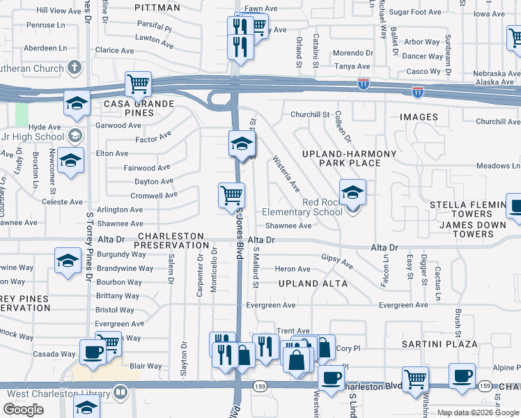 map of restaurants, bars, coffee shops, grocery stores, and more near 352 S Mallard St in Las Vegas