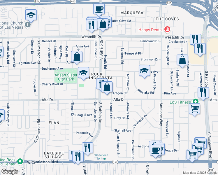 map of restaurants, bars, coffee shops, grocery stores, and more near 7504 Belltower Street in Las Vegas