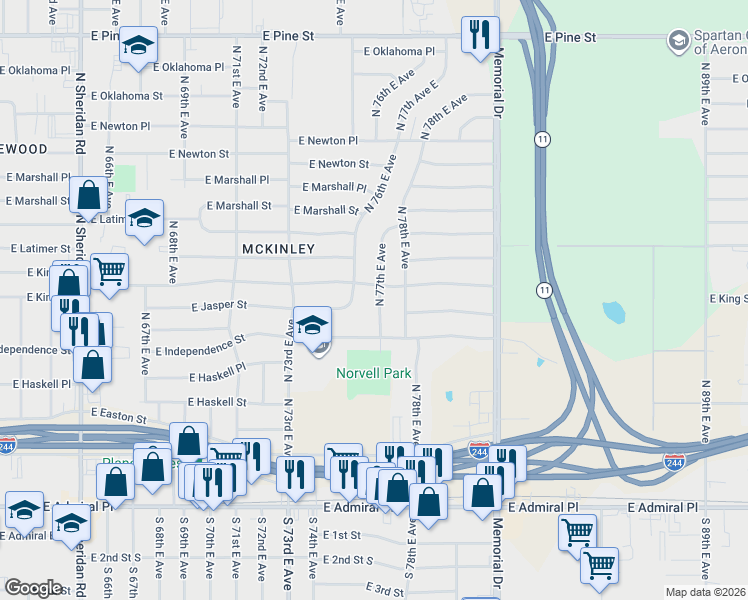 map of restaurants, bars, coffee shops, grocery stores, and more near 836 North 77th East Avenue in Tulsa