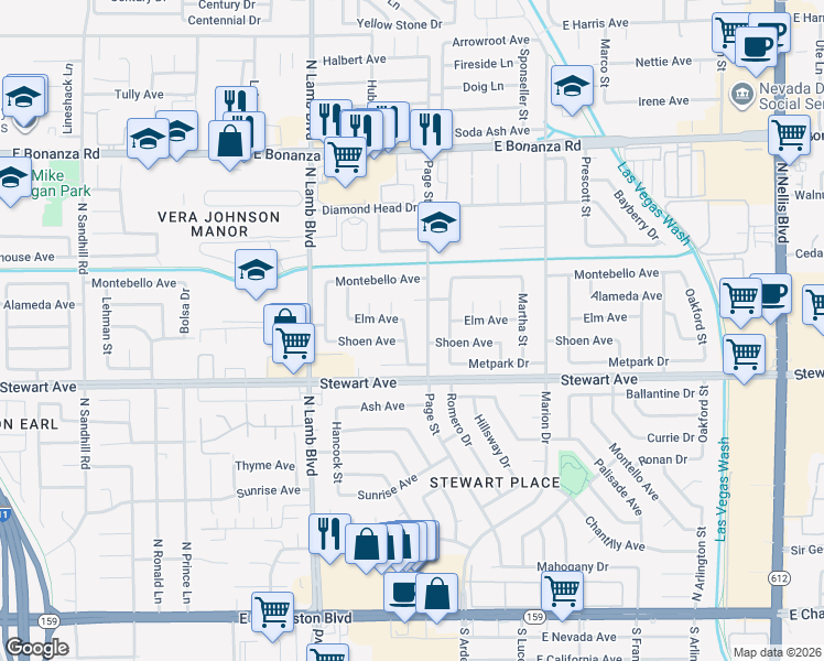 map of restaurants, bars, coffee shops, grocery stores, and more near 4521 Elm Avenue in Las Vegas