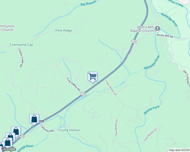 map of restaurants, bars, coffee shops, grocery stores, and more near 341 Carl Giles Road in Boone