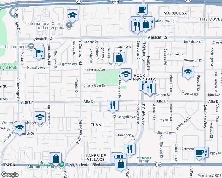 map of restaurants, bars, coffee shops, grocery stores, and more near 408 Cherry Meadows Court in Las Vegas