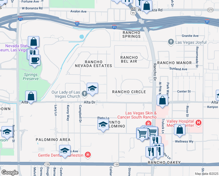 map of restaurants, bars, coffee shops, grocery stores, and more near 401 Rosemary Lane in Las Vegas