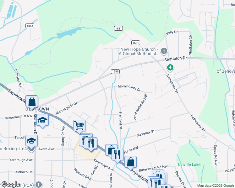 map of restaurants, bars, coffee shops, grocery stores, and more near 3886 Hartford Street in Winston-Salem