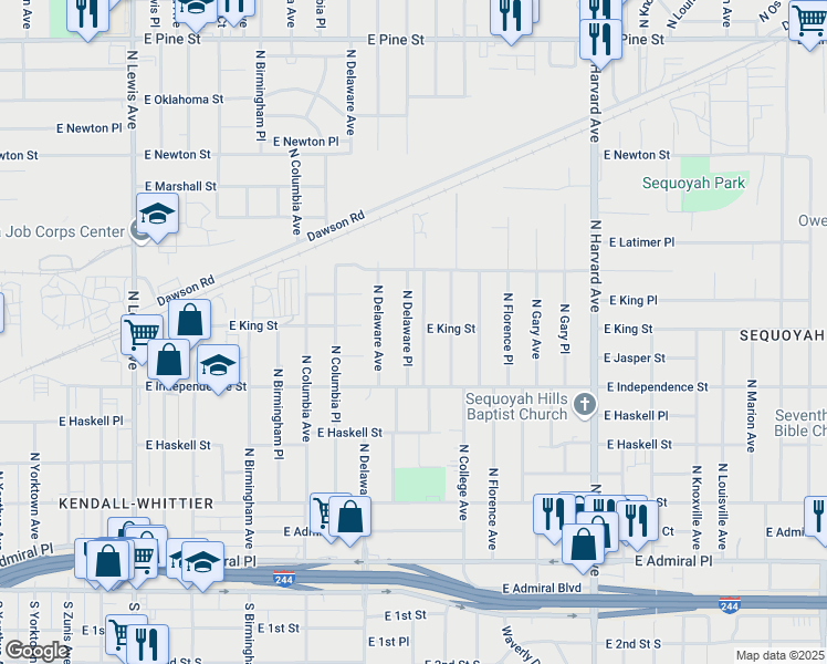map of restaurants, bars, coffee shops, grocery stores, and more near 847 North Delaware Place in Tulsa