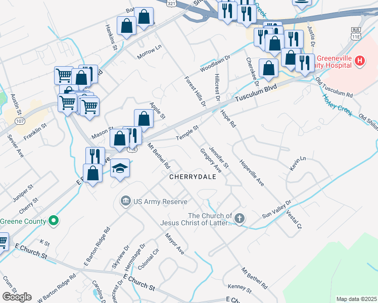 map of restaurants, bars, coffee shops, grocery stores, and more near 137 Indian Hills Drive in Greeneville